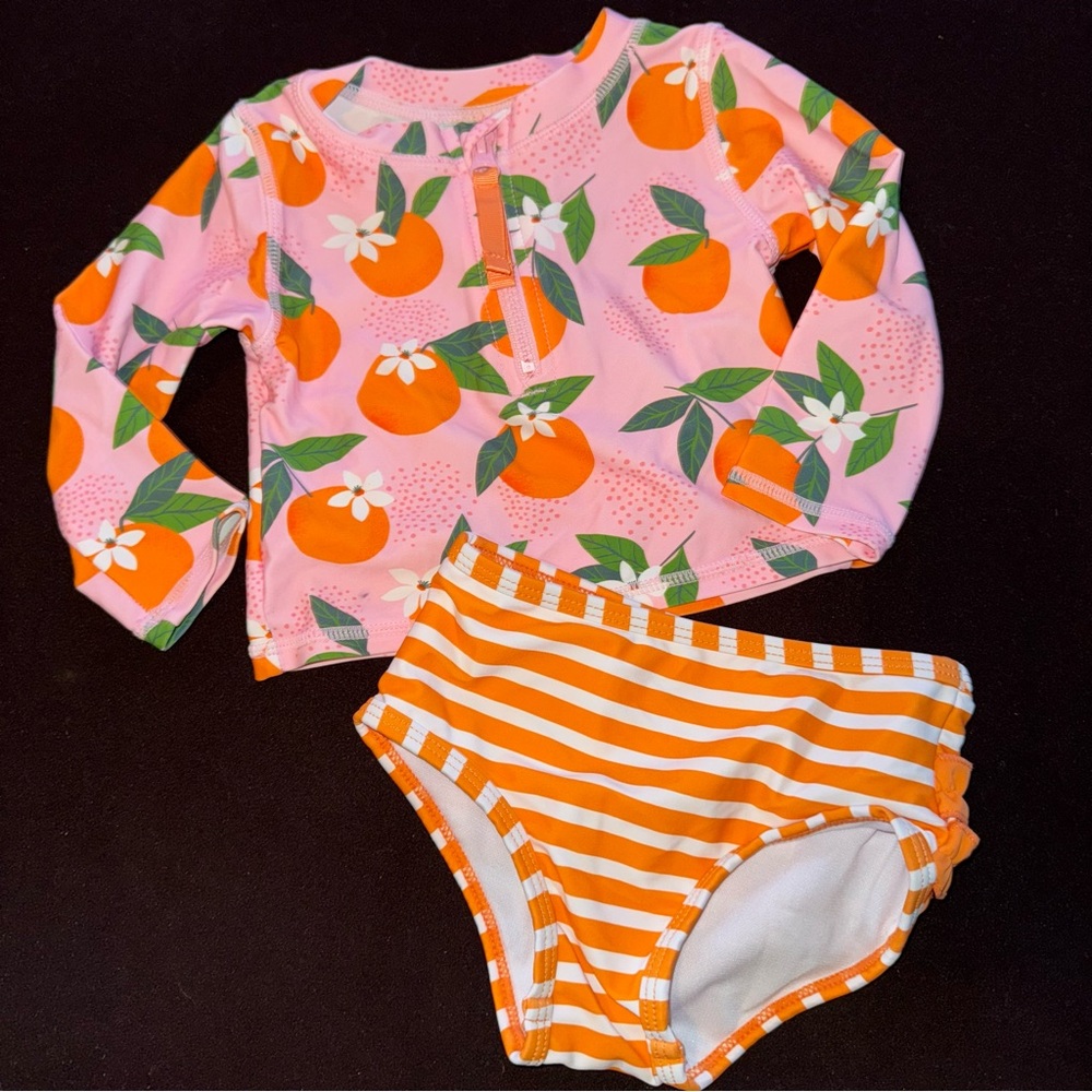 RuffleButts® Baby Girls Long Sleeve 2 Piece Swimsuit Set Pink & Orange Fruit